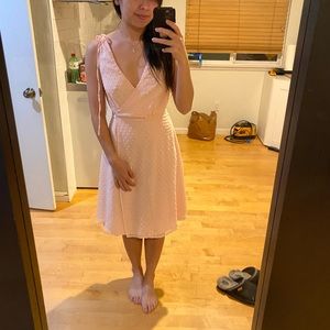 Lulu’s pink polka dot texture -Romantic Possibilities True Blush Swiss Dot Dress